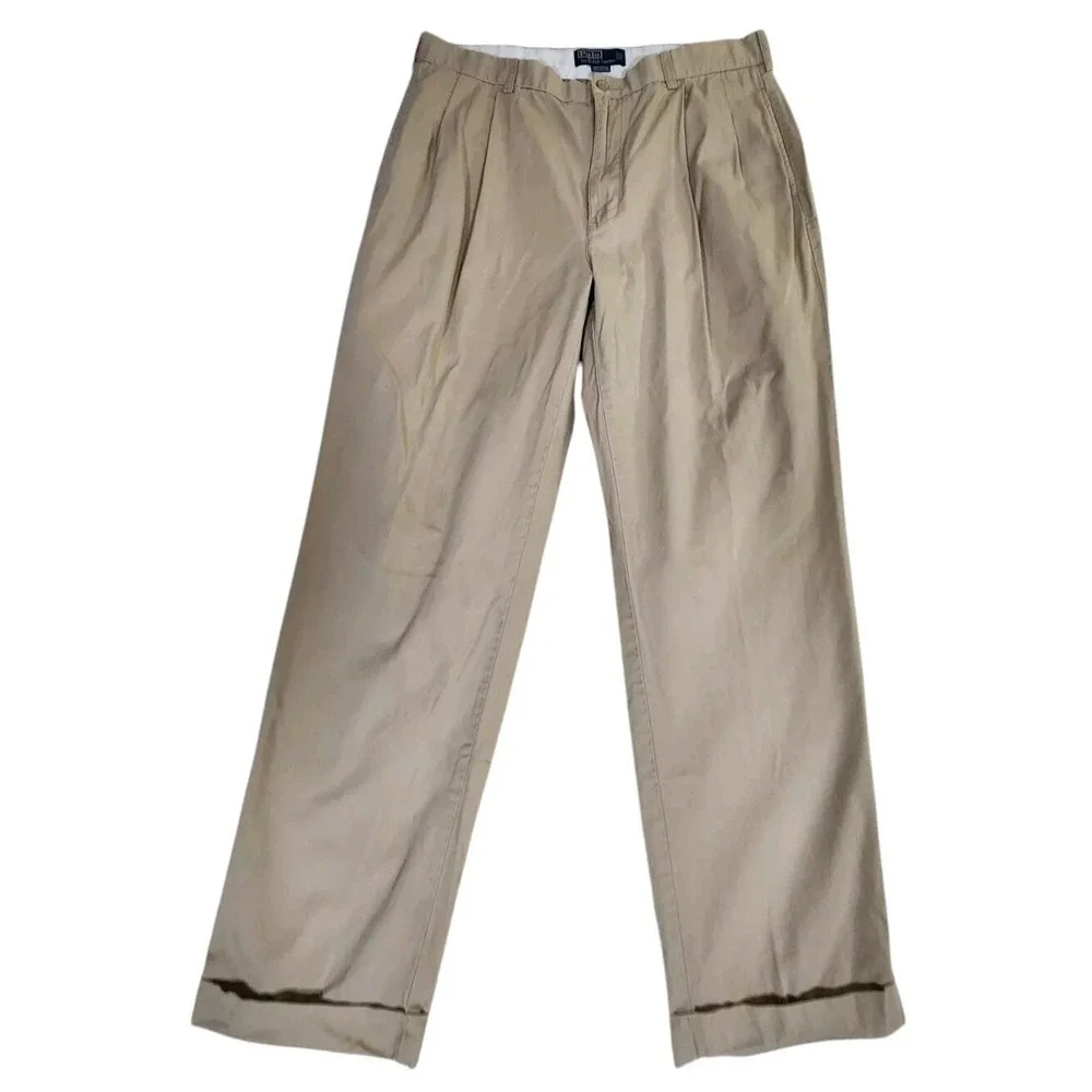 Vtg Polo Ralph Lauren Hammond Pants Men's 36x32* Beige Straight Pleated Cuffed